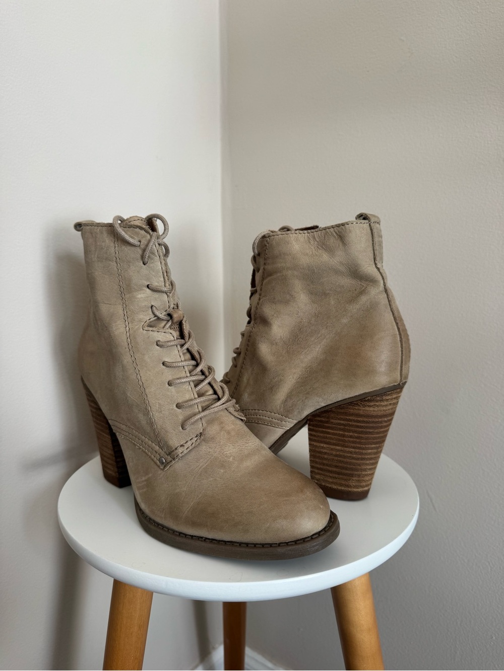 Aldo Taupe Lace-Up Leather Ankle Boots